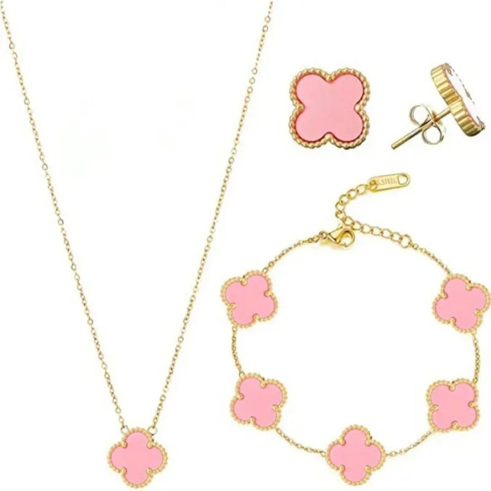 18K Gold Plated Pink Alhambra Clover Motifs Set of Bracelet Earrings & Necklace